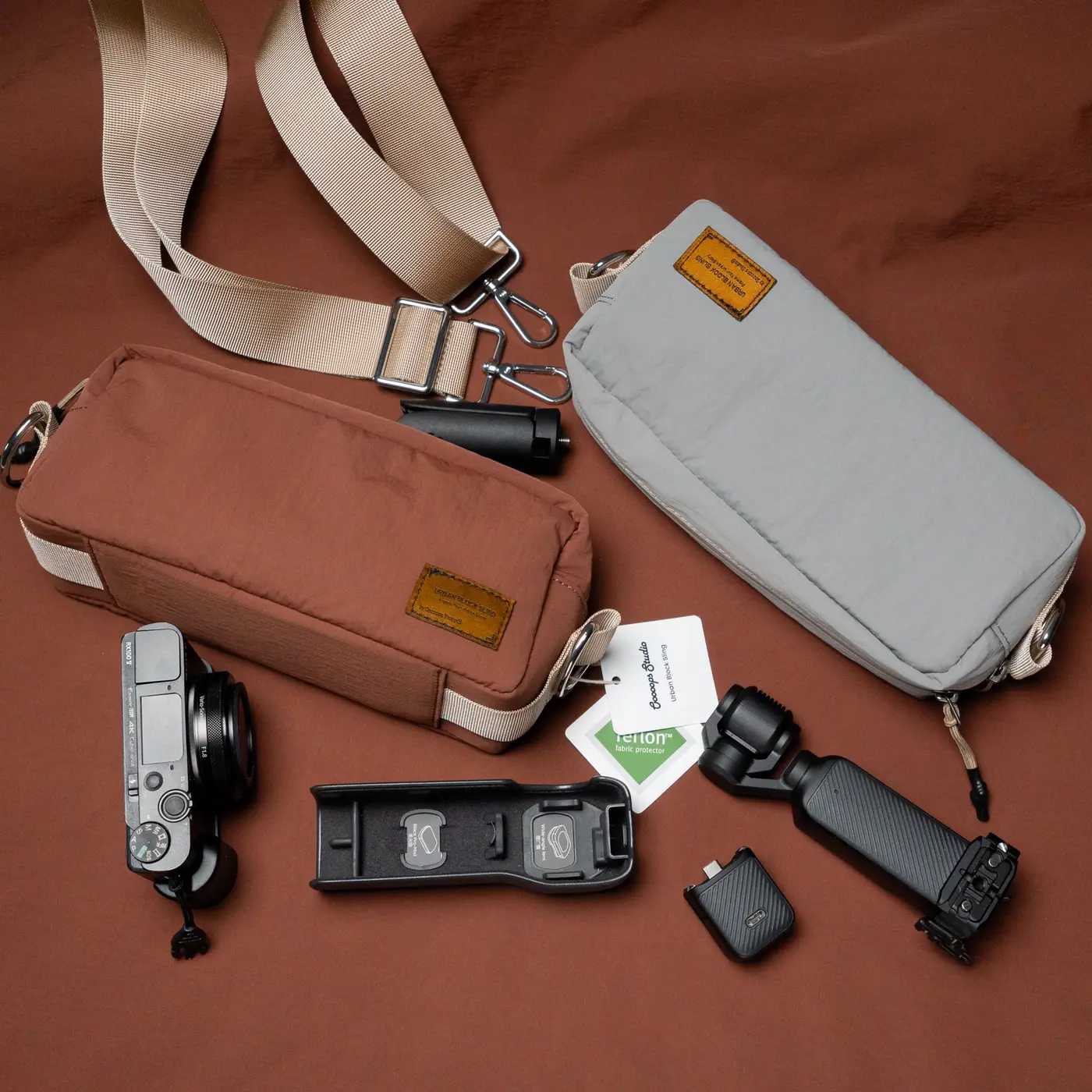 Brown and neutral grey Urban Block Sling color options